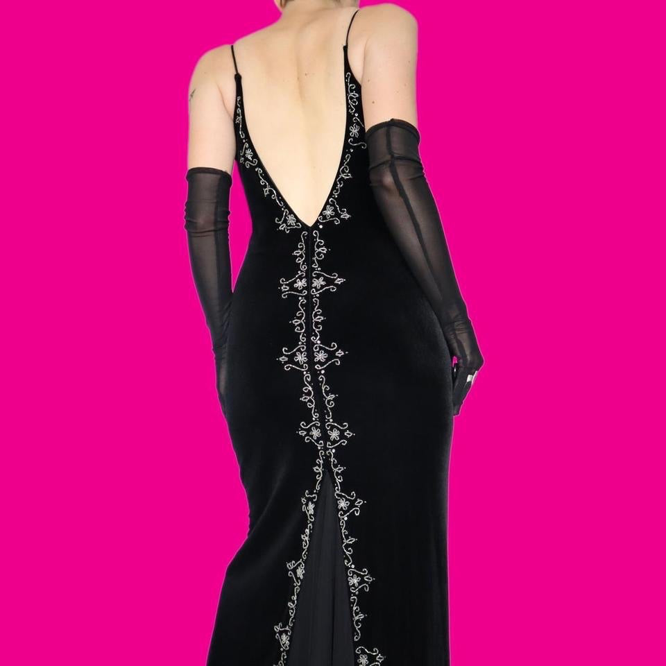 Black velvet beaded evening dress UK 14