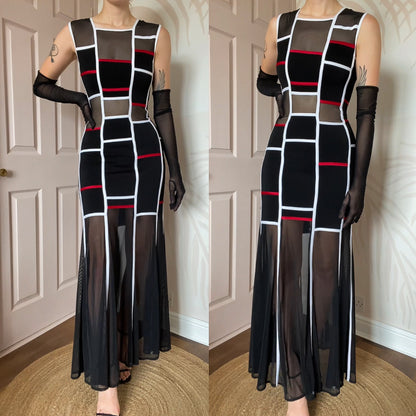 Tadashi black/white & red sheer panel dress UK 12