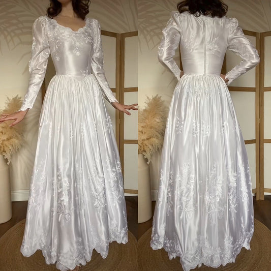 Bright white satin embroidered long sleeve wedding dress uk 8