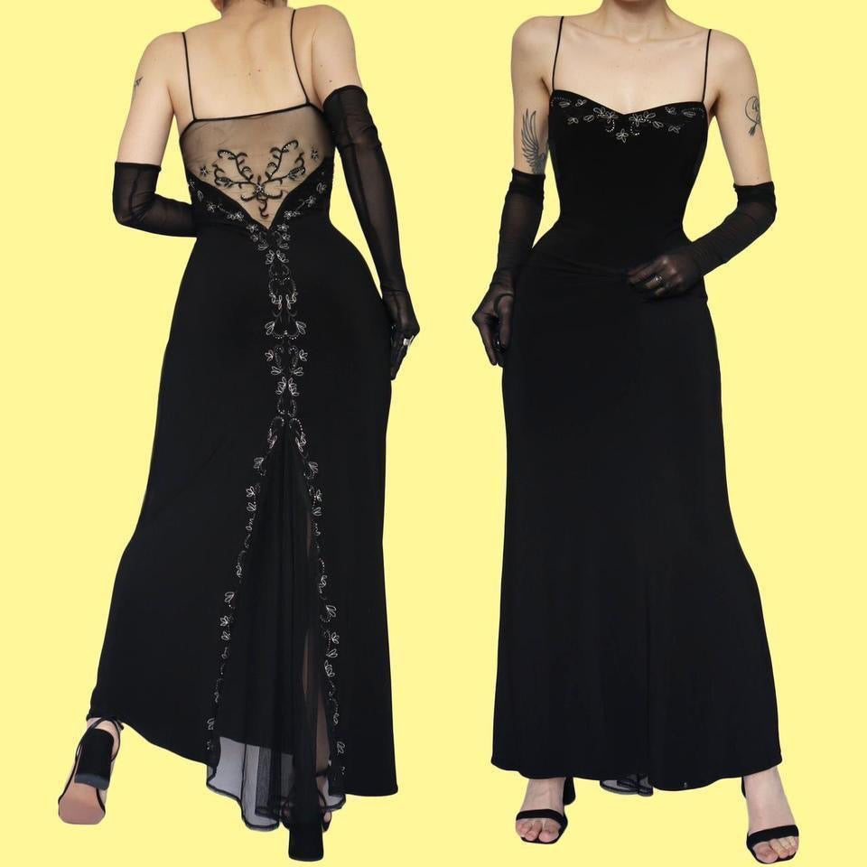 Black 90s stretch floral embroidered evening dress UK 14