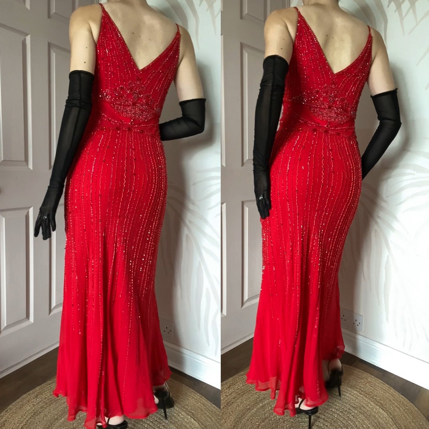 Red Gina Bacconi 100% silk beaded evening dress UK 10-12