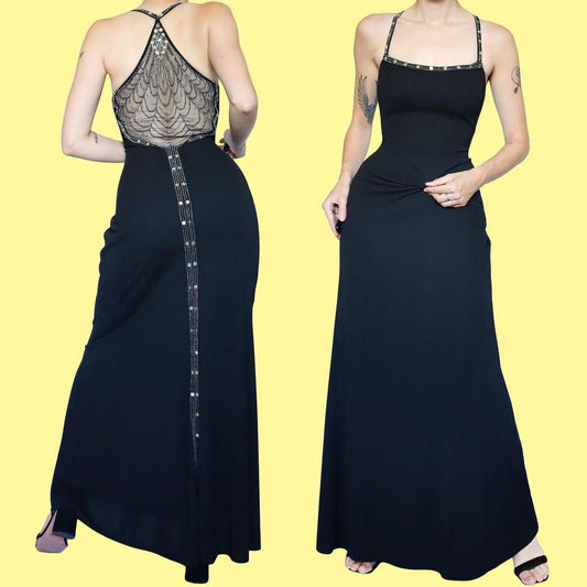 Black Dave & Johnny 90s beaded back evening dress size UK 16 & UK 18