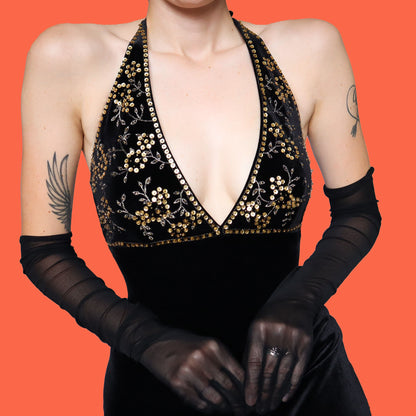 Black velvet halter neck sequin evening dress UK 10
