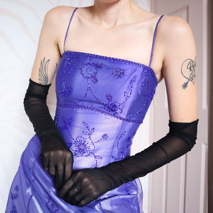 Purple satin beaded evening dress UK 12