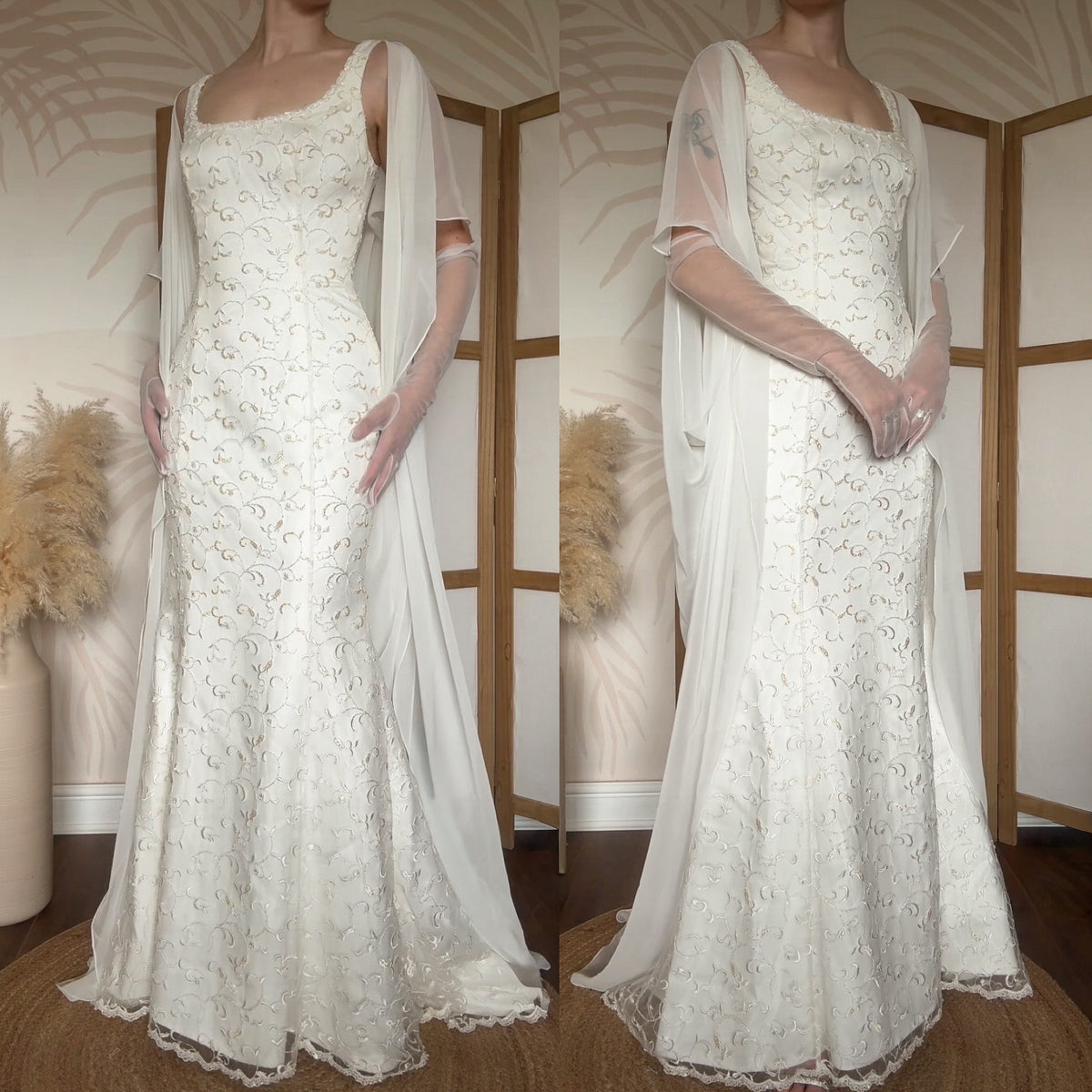 Ivory lace chiffon detail wedding dress uk 10