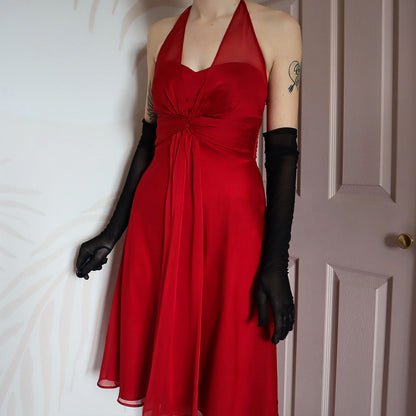 Red halter neck midi dress UK 10