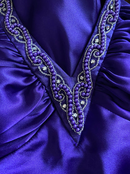 Purple satin halter neck evening gown UK 10