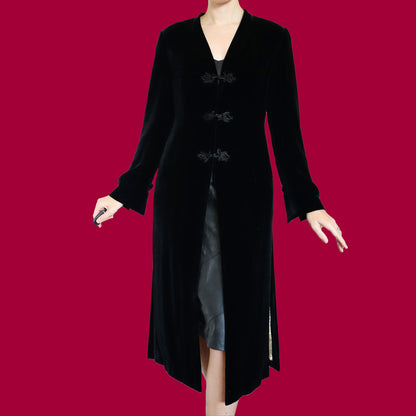 Black silk blend velvet long jacket UK 12