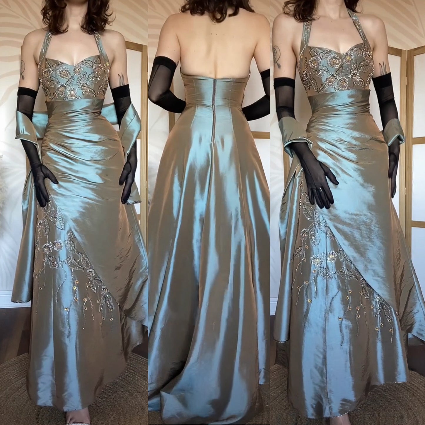 Iridescent grey/green halter prom dress uk 6