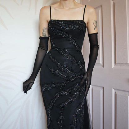 Milano black beaded fitted evening gown UK 12