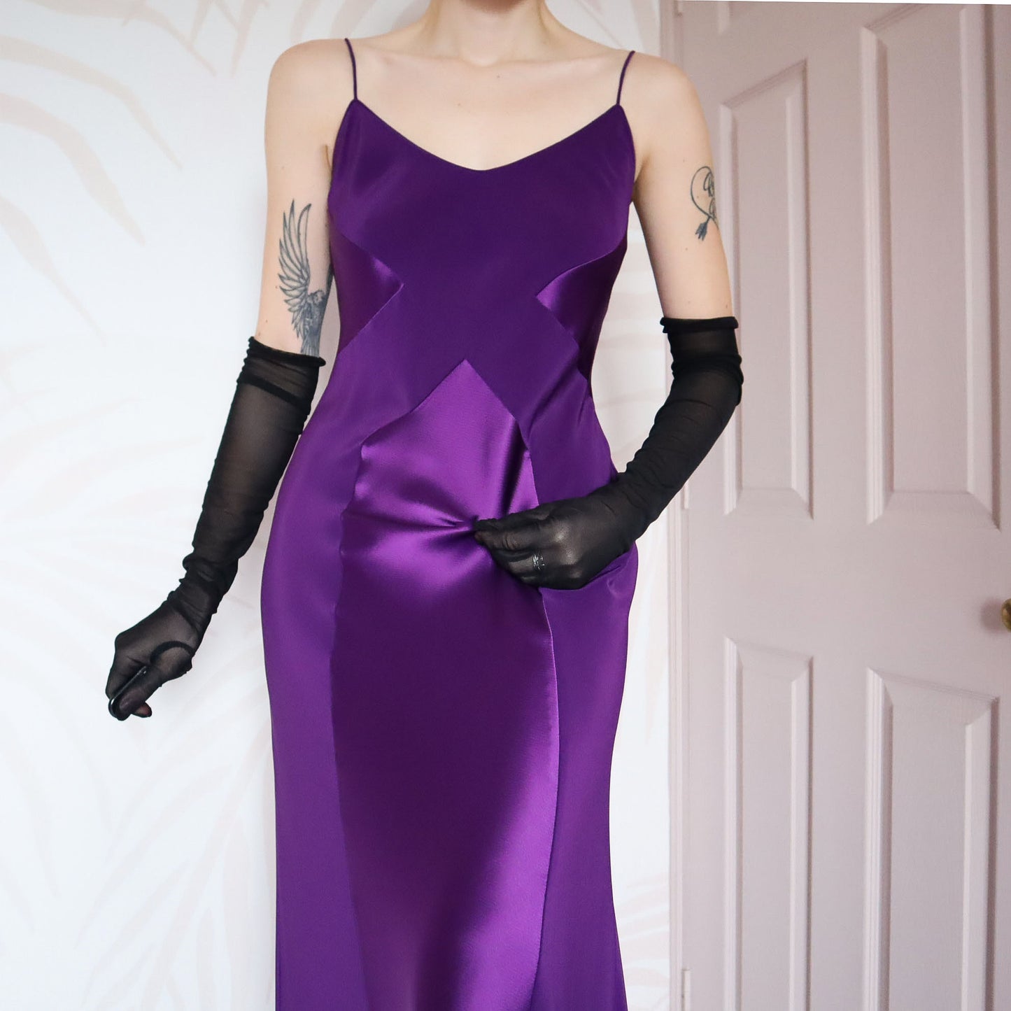 Purple satin panel slip evening gown UK 12