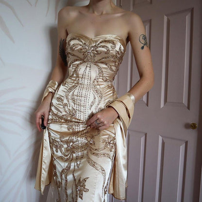 YVE London gold beaded strapless gown & shawl UK 12