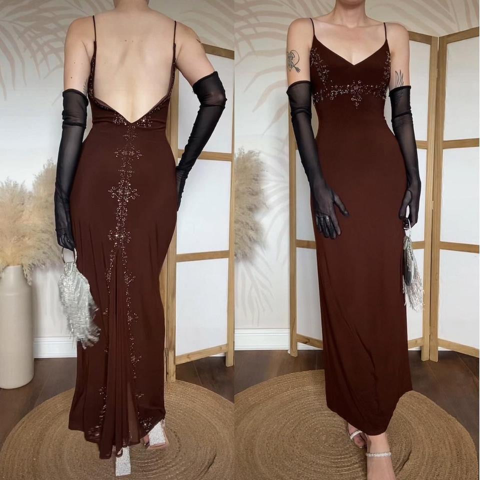 Dave & Johnny brown stretch beaded dress uk 10-12