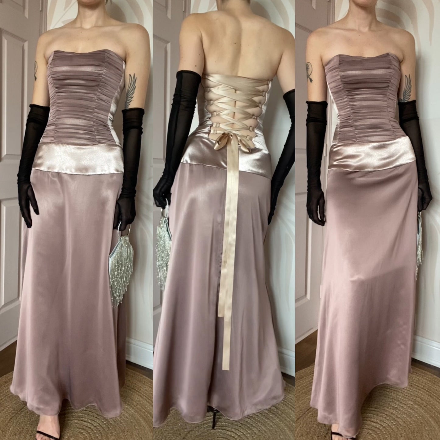 Taupe Charas strapless lace up evening dress UK 8-10