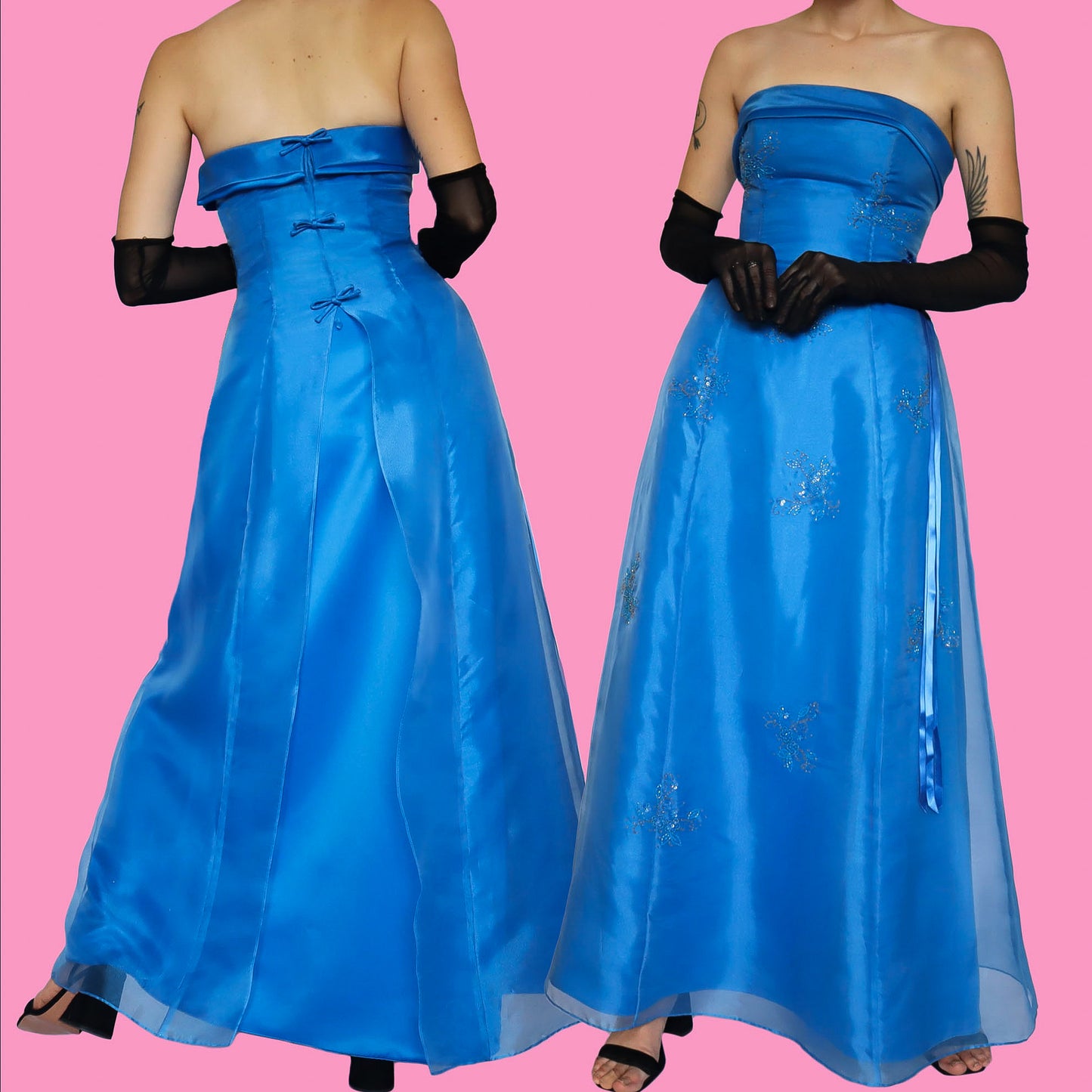 Blue strapless a-like organza evening dress UK 10