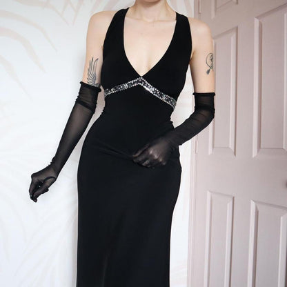 Black stretch open back evening gown UK 12-14