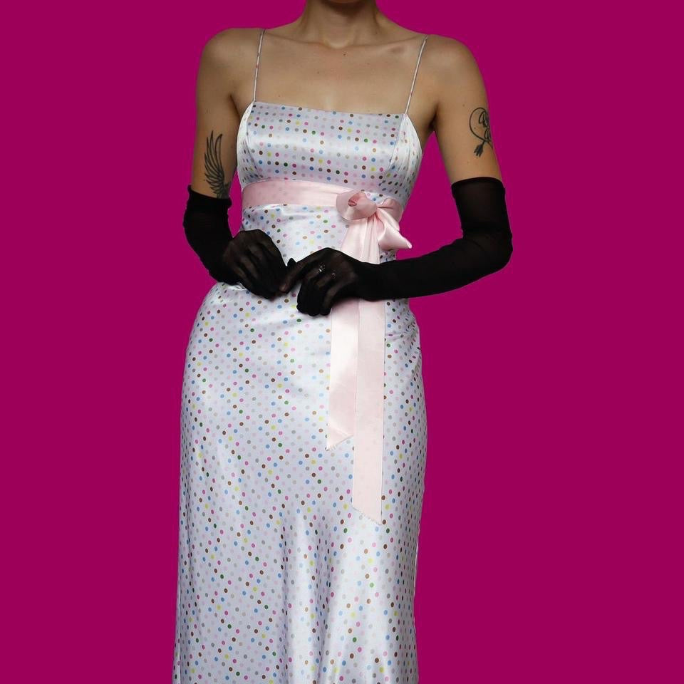 White polka dot silky evening dress UK 10