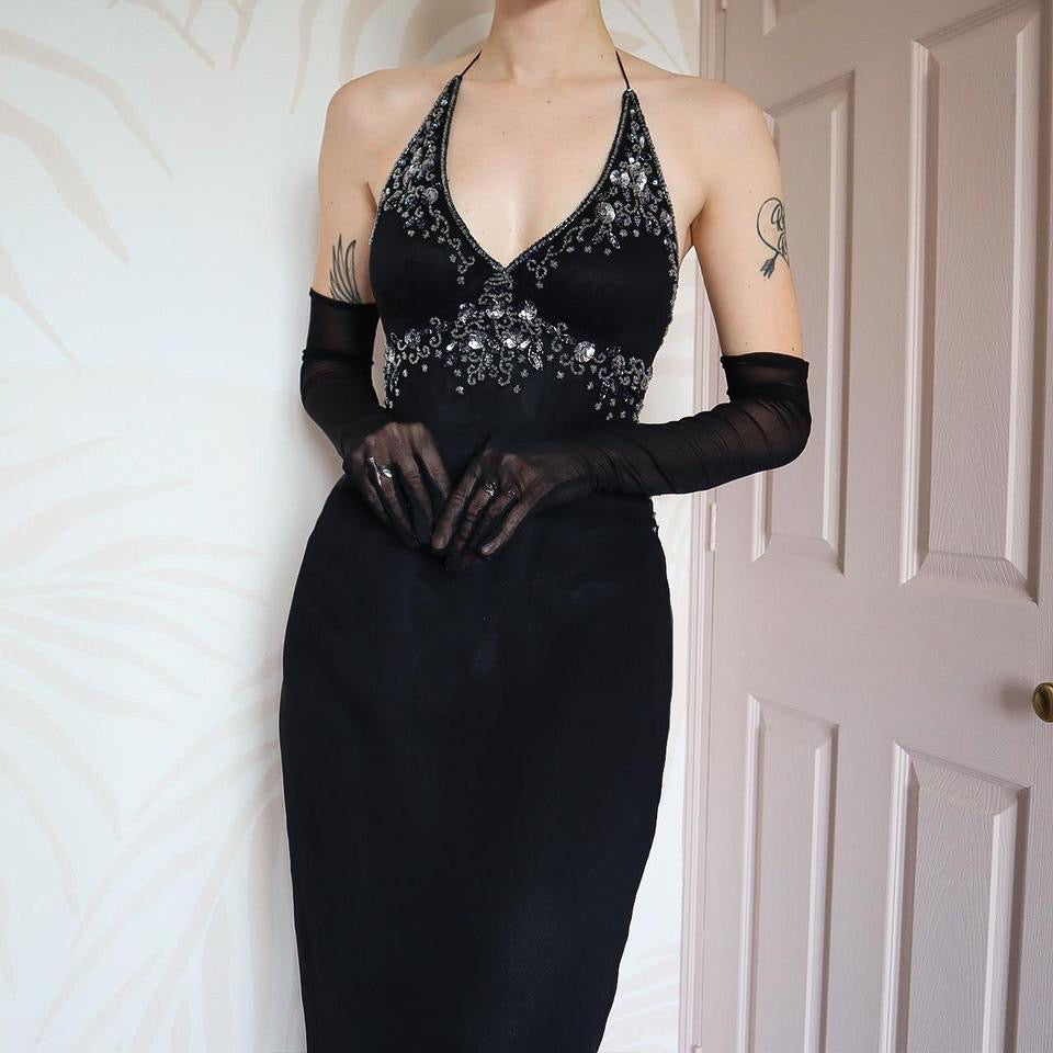 Black beaded halter neck evening dress UK 14