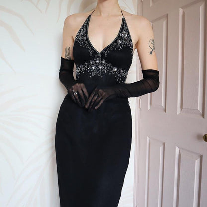 Black beaded halter neck evening dress UK 14