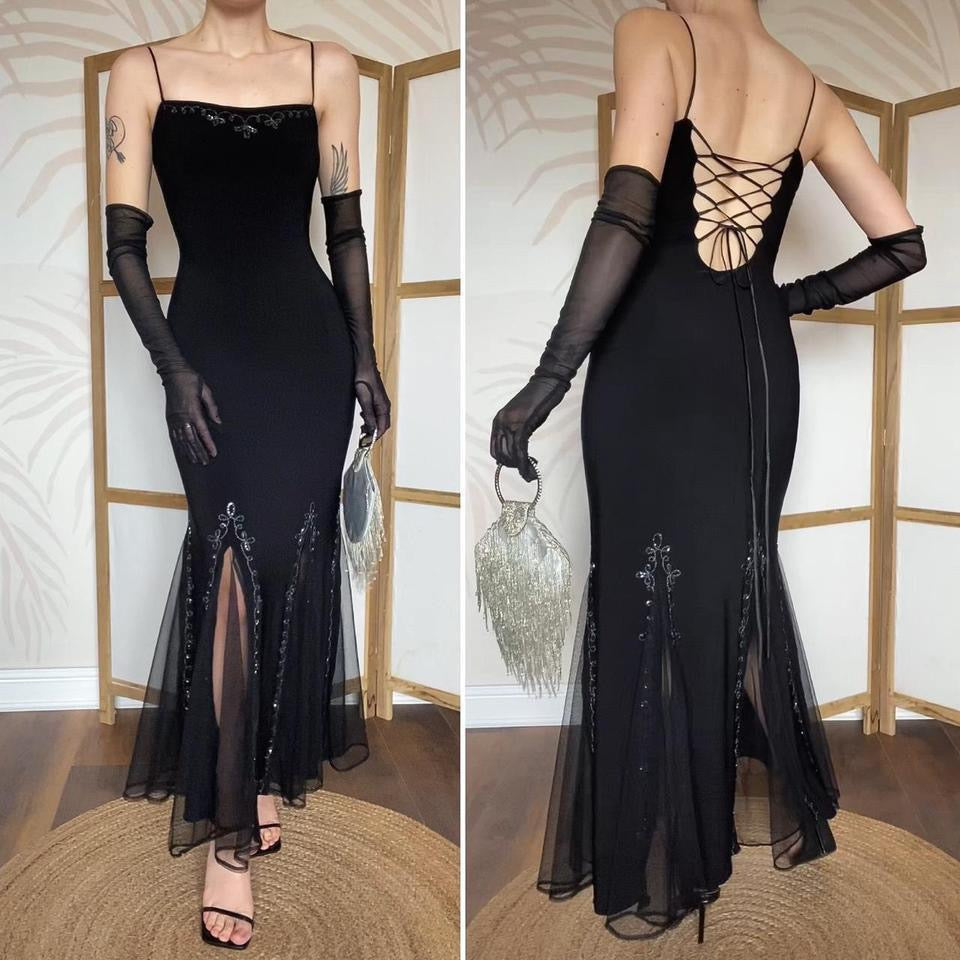 Flori black stretch lace up back evening dress uk 14-16