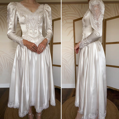 Ivory 80s satin long sleeve midi dress uk 8