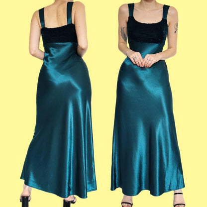 Teal Charlotte Halton 90s satin slip dress UK 12