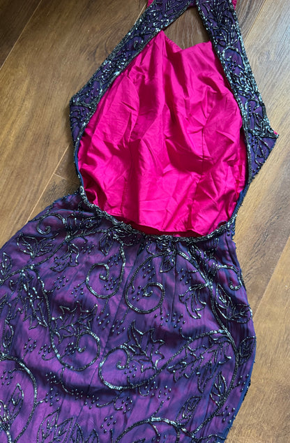 Purple 100% silk beaded evening dress uk 6