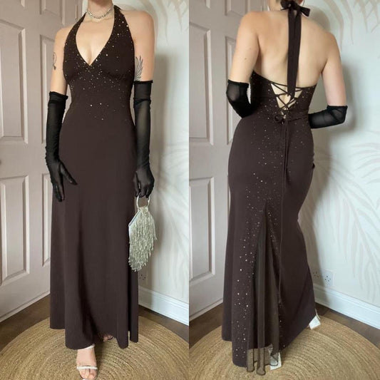 Brown Nightway halter-neck beaded dress UK 10