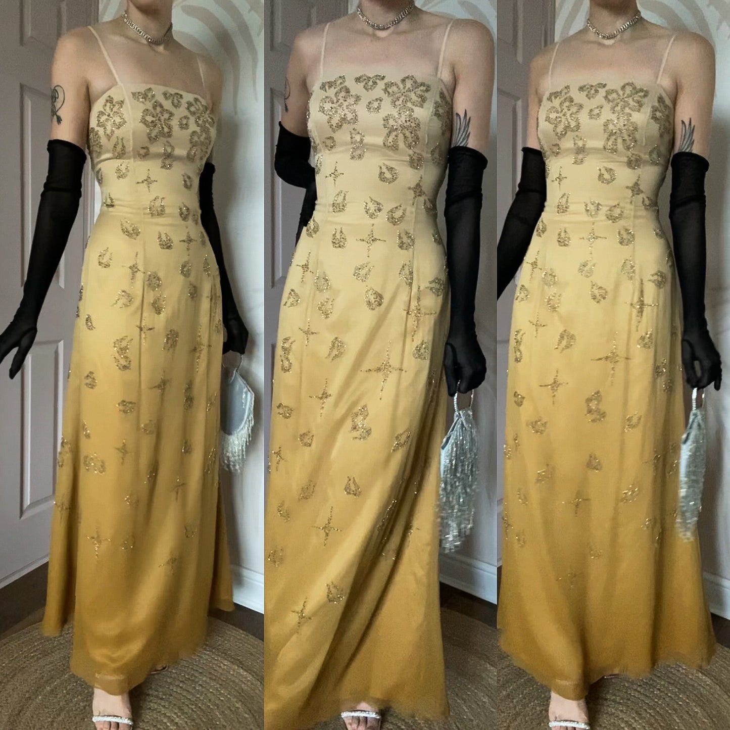 100% silk Goya tan/yellow beaded evening dress UK 14-16