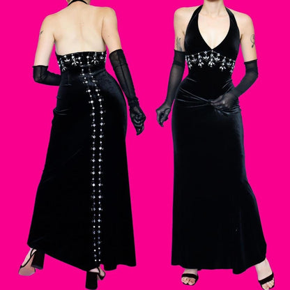 Black velvet halter neck gem evening dress UK 12