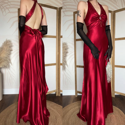 Niki Livas red satin open back evening dress uk 10