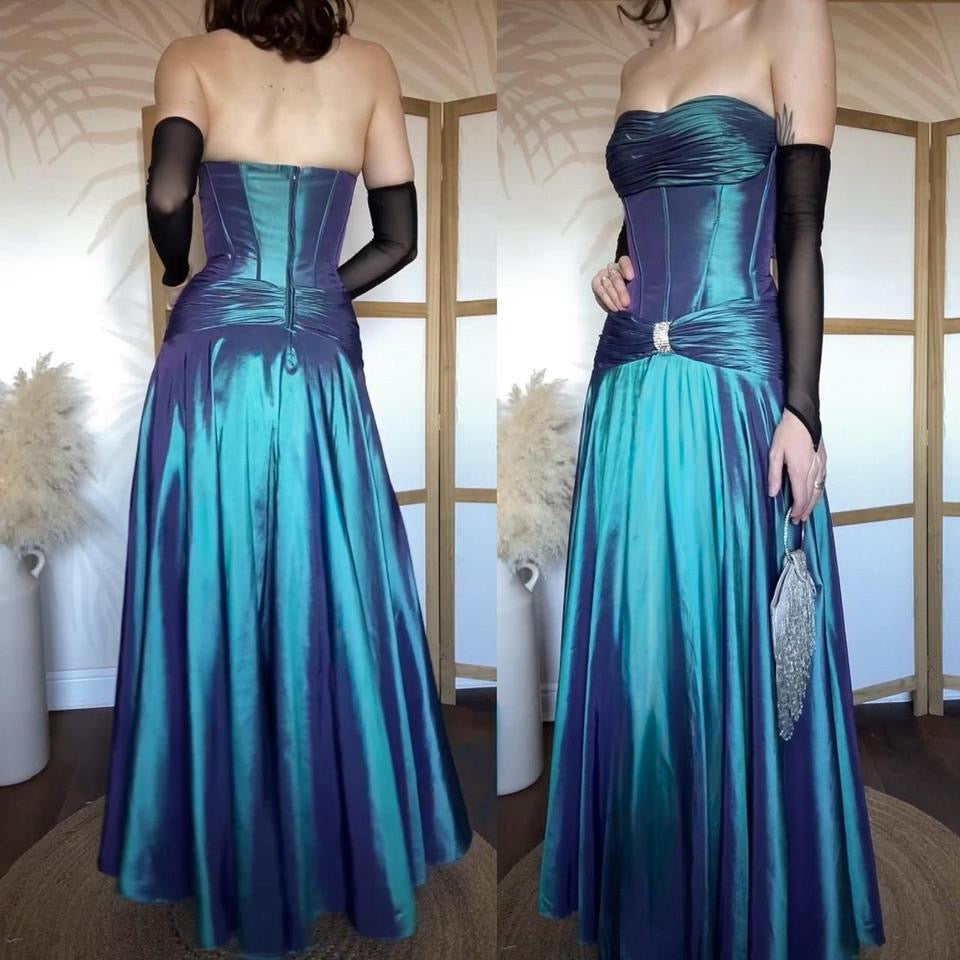 Blue iridescent strapless corset style prom dress uk 10
