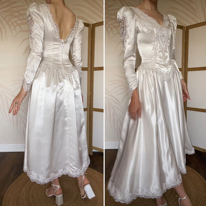 Ivory 80s satin long sleeve midi dress uk 8