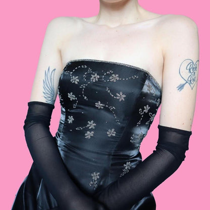 Silky black strapless beaded gown UK 6