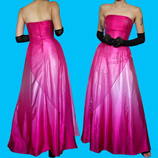 Pink satin ombré beaded strapless dress UK 12