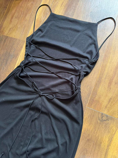 Black stretch 90s lace back evening dress uk 12