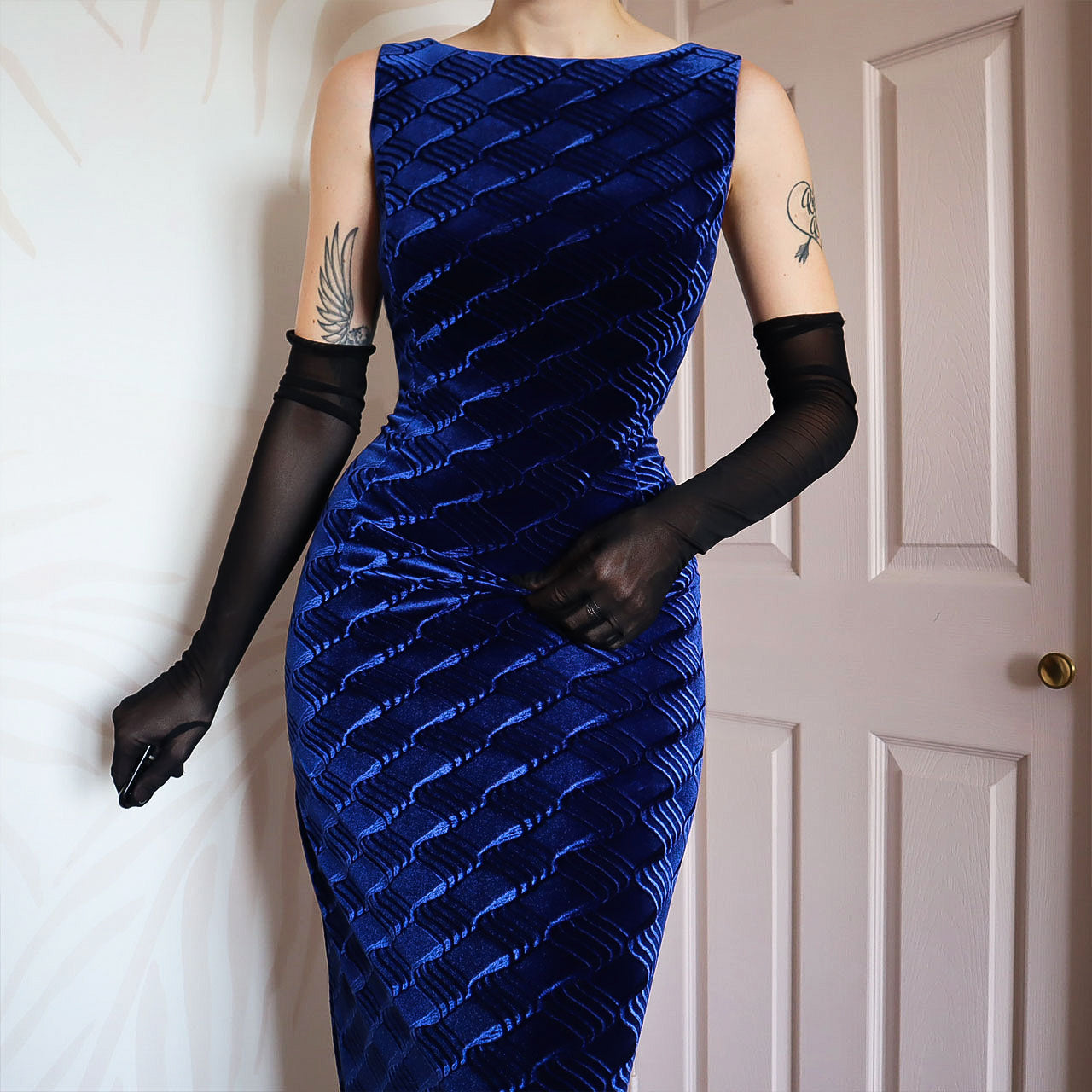 Jessica McClintock blue velvet evening dress UK 14