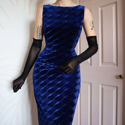 Jessica McClintock blue velvet evening dress UK 14