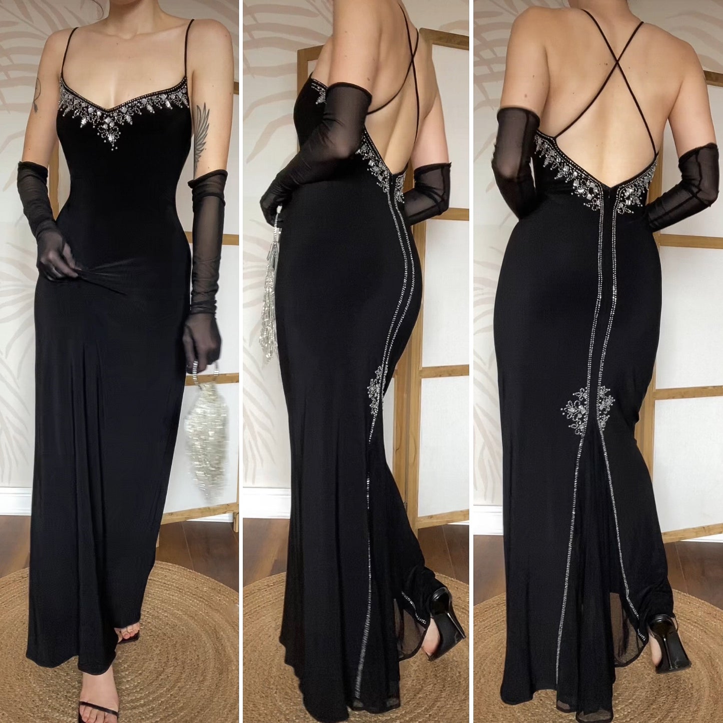 Black Flori Design stretch beaded evening dress UK 12-14