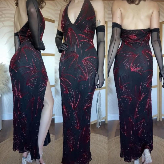 Black & red silk beaded halter-neck evening dress uk 12