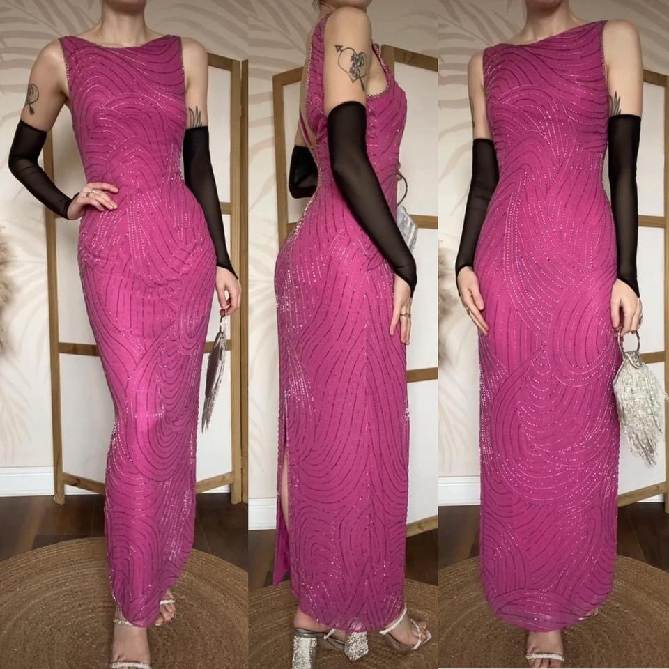 Fuchsia pink silk beaded evening dress UK 14