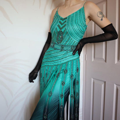 Green Aftershock heavily beaded evening dress UK 12