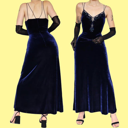 Navy vintage Medici velvet beaded evening dress UK 12