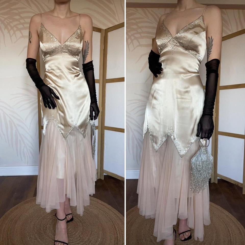 Dave & Johnny gold beaded evening dress UK 12