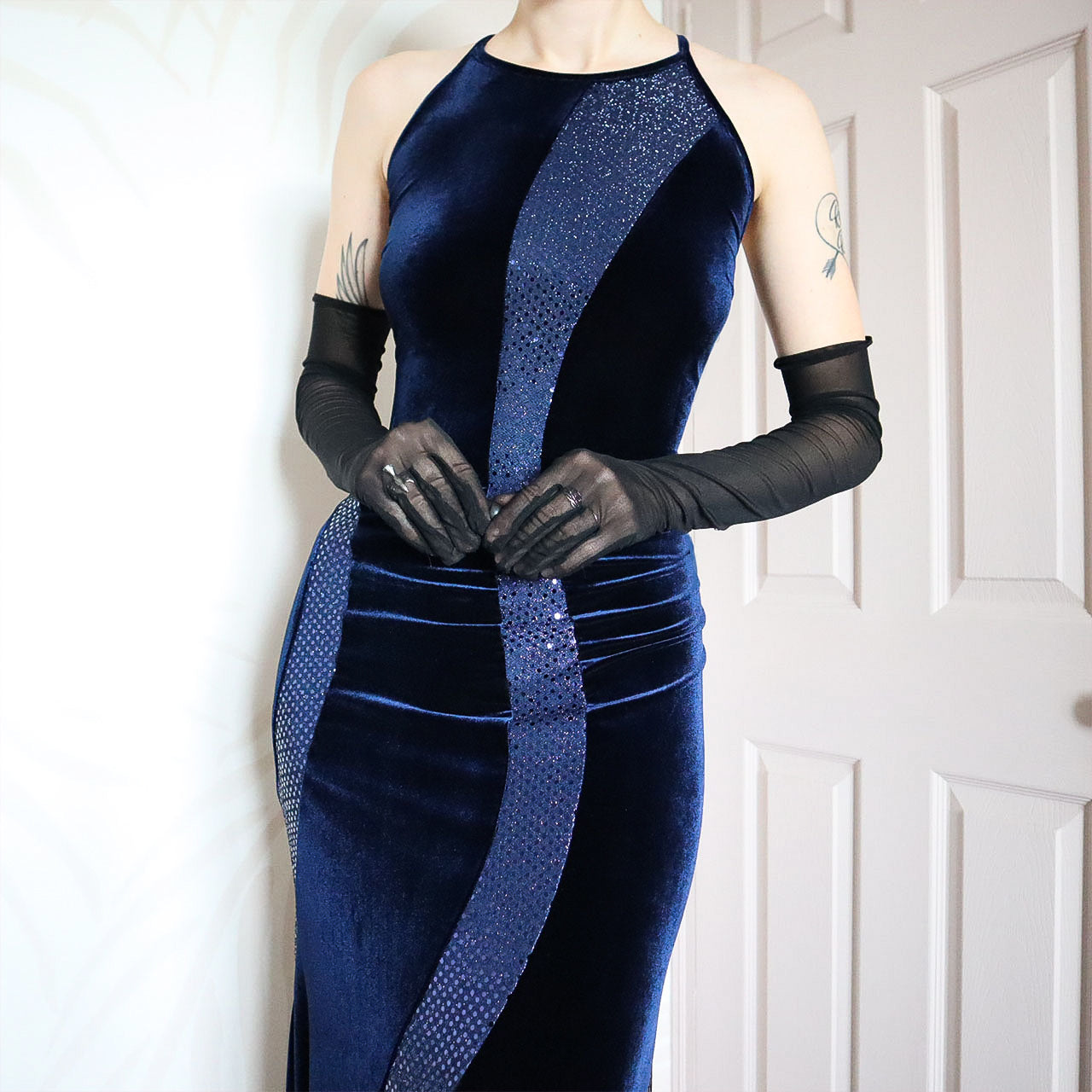 Blue Velvet Sequin Stretch Evening Gown UK 12