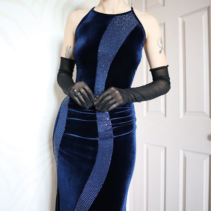 Blue Velvet Sequin Stretch Evening Gown UK 12
