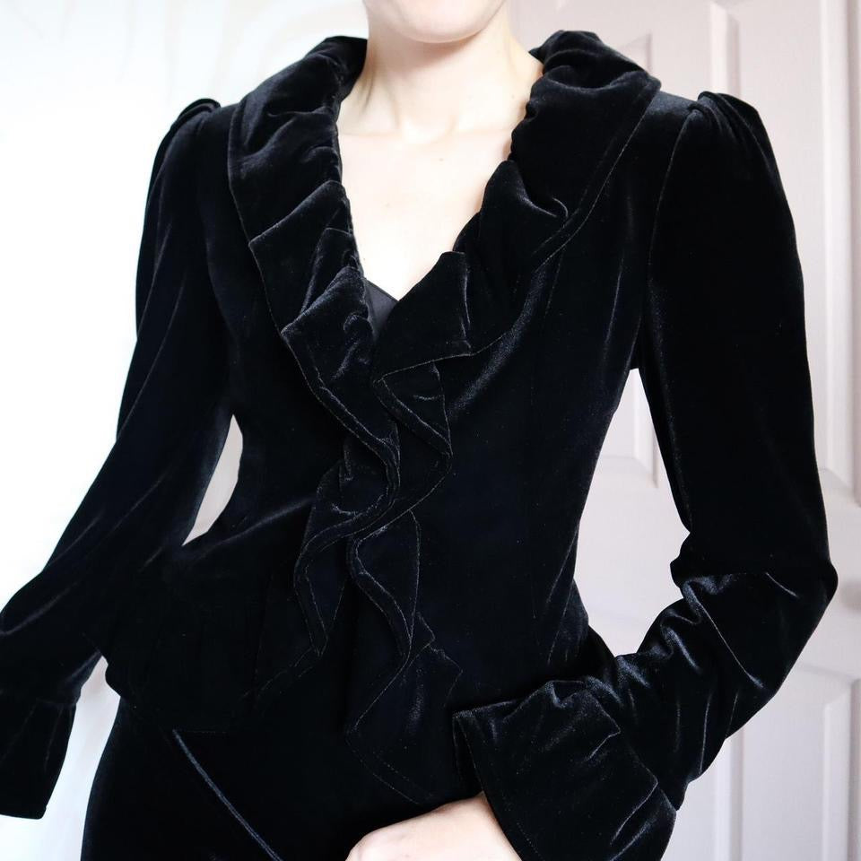 Black velvet ruffle evening jacket UK 10-12