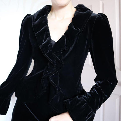 Black velvet ruffle evening jacket UK 10-12