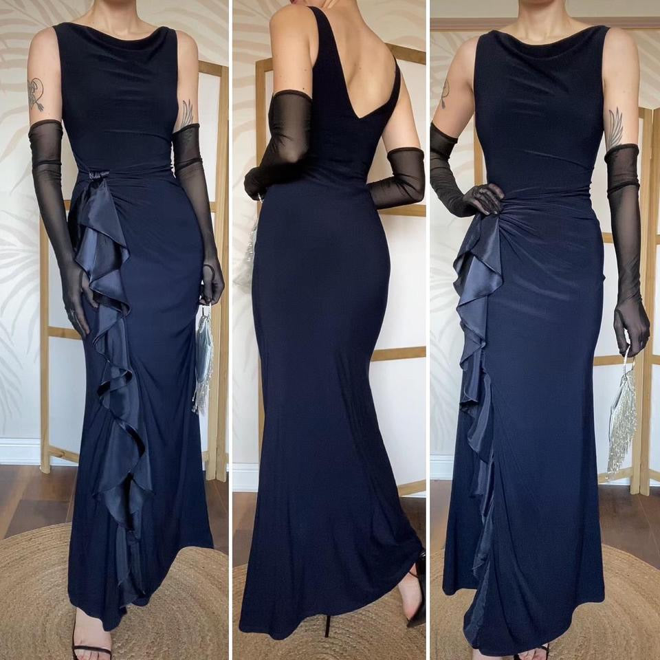 Betsy & Adam navy stretch satin frill dress uk 10-12