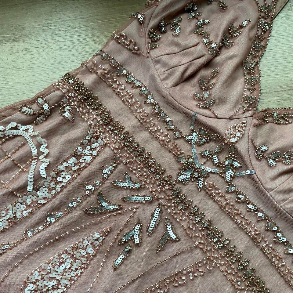 Dusky pink stretch midi dress & shawl UK 10